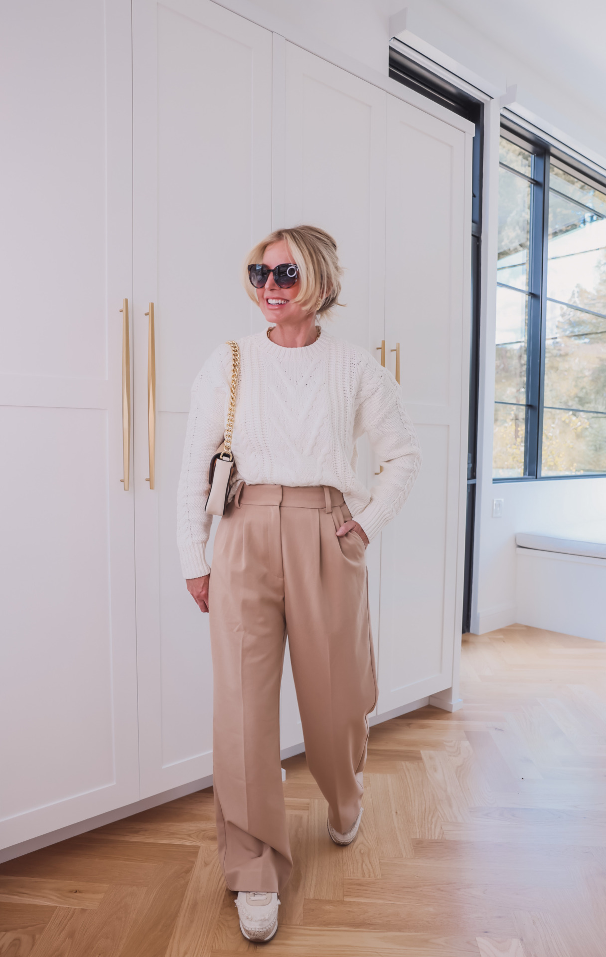 cable knit sweater with trousers