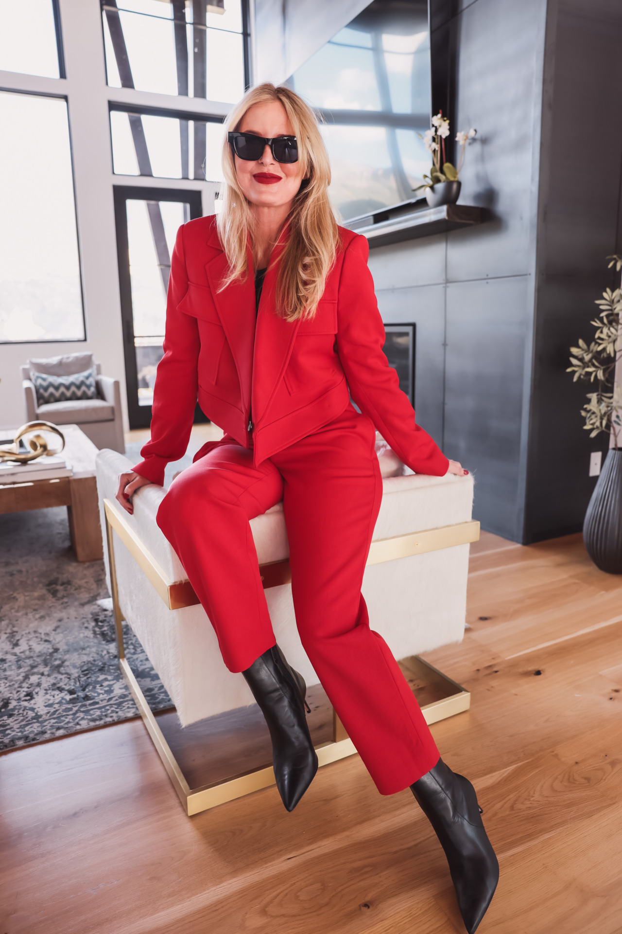 red alc asymmetric jacket, red alc pants